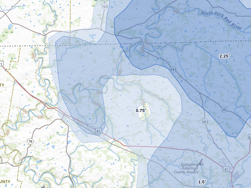 NEXRAD radar-signature map of the hail over Cedar Hill, TN