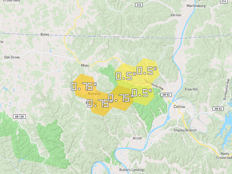 Hail map of Celina, TN on Jul 11, 2026, hail up to 0.75"