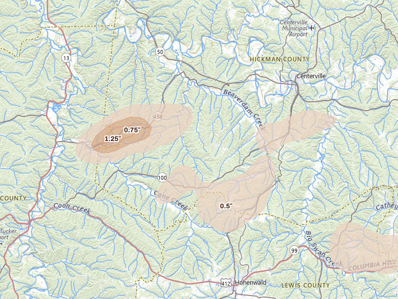 Radar-estimated hail-size map of the storm over Centerville, TN