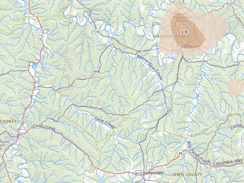 Radar-estimated hail-size map of the storm over Centerville, TN on Jul 2, 2026