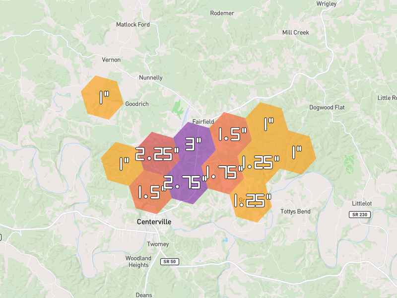 Hail map of Centerville, TN on Jul 2, 2026, hail up to 3"