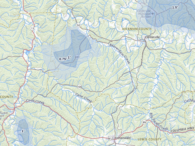 NEXRAD radar-signature map of the hail storm over Centerville, TN on Jul 3, 2026