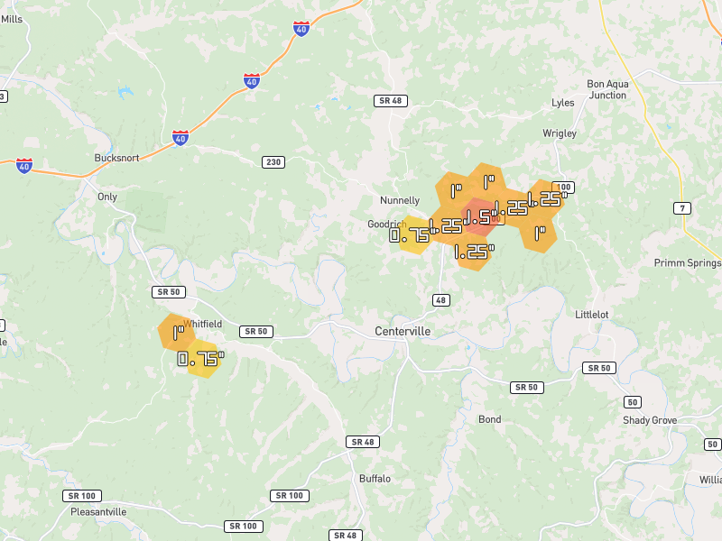 Hail map of Centerville, TN on Jul 3, 2026, hail up to 1.5"