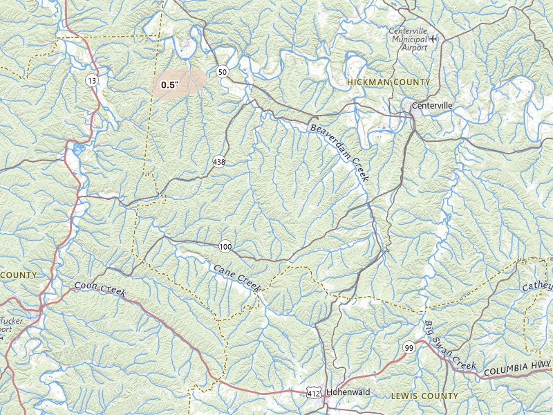 Radar-estimated hail-size map of the storm over Centerville, TN on Jul 9, 2026