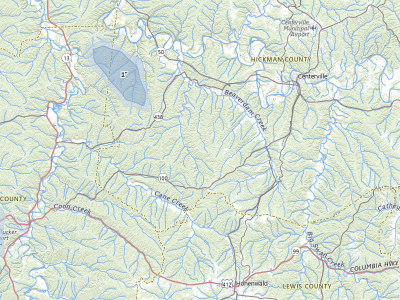 NEXRAD radar-signature map of the hail storm over Centerville, TN on Jul 9, 2026