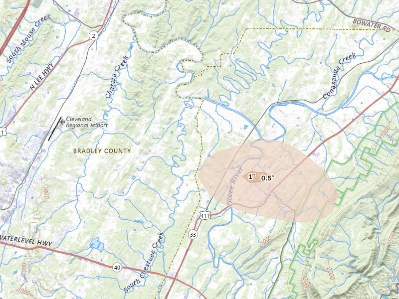 Radar-estimated hail-size map of the storm over Charleston, TN on Aug 11, 2026