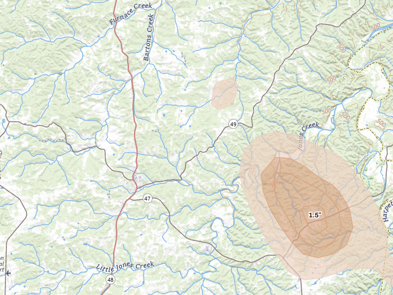 Radar-estimated hail-size map of the storm over Charlotte, TN on Jul 3, 2026