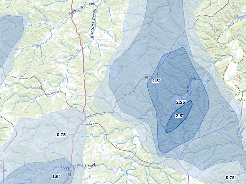 NEXRAD radar-signature map of the hail storm over Charlotte, TN on Jul 3, 2026