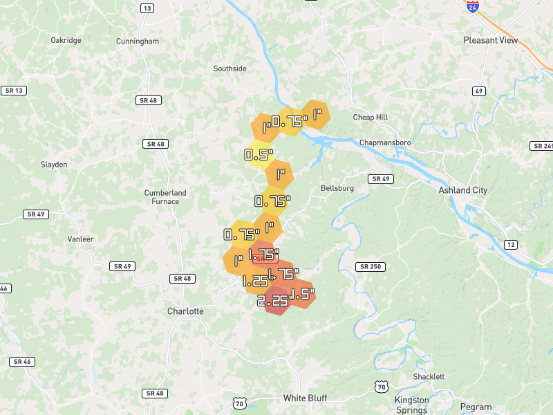 Hail map of Charlotte, TN on Jul 3, 2026, hail up to 2.25"