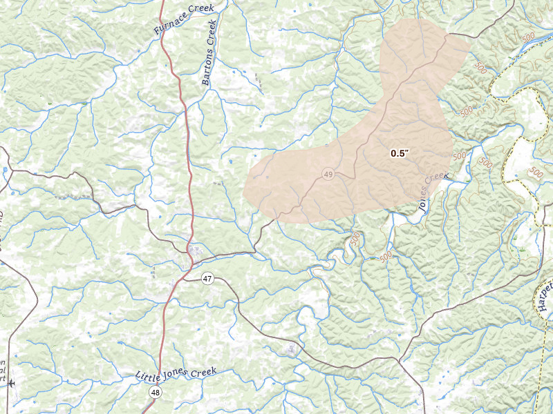 Radar-estimated hail-size map of the storm over Charlotte, TN on Jul 11, 2026
