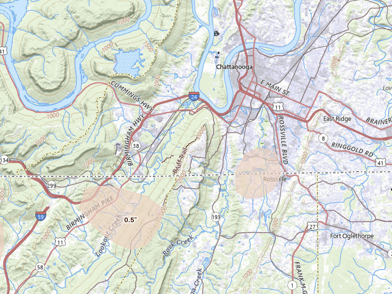 Radar-estimated hail-size map of the storm over Chattanooga, TN on Apr 27, 2026