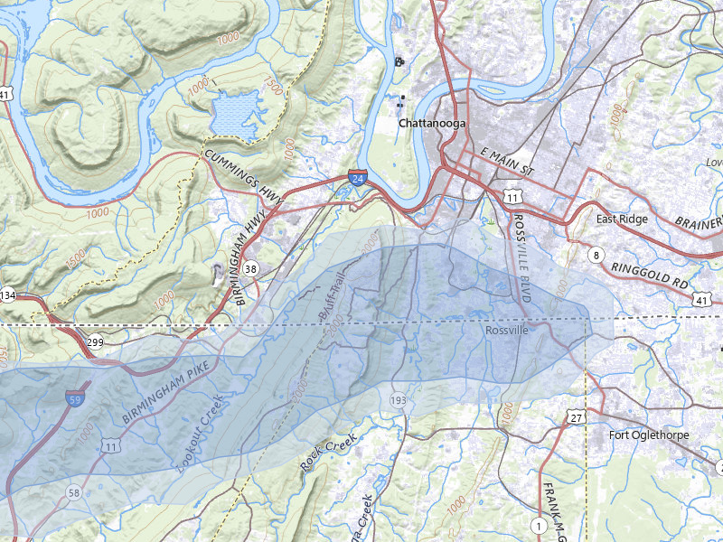 NEXRAD radar-signature map of the hail over Chattanooga, TN