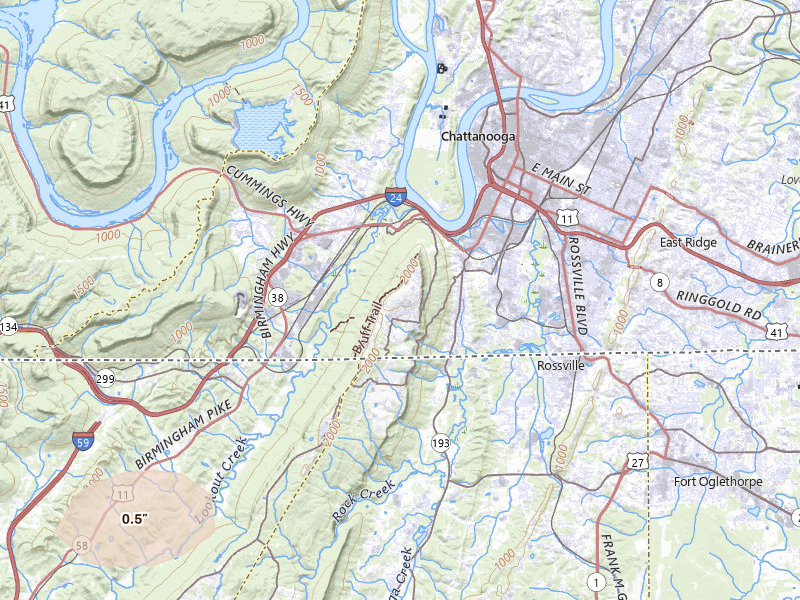 Radar-estimated hail-size map of the storm over Chattanooga, TN on Jul 1, 2026