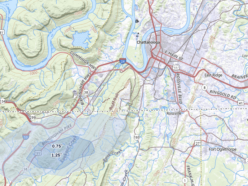 NEXRAD radar-signature map of the hail storm over Chattanooga, TN on Jul 1, 2026