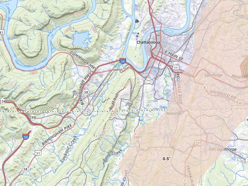 Radar-estimated hail-size map of the storm over Chattanooga, TN on Jul 3, 2026