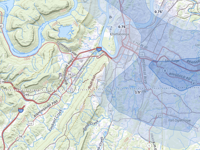 NEXRAD radar-signature map of the hail storm over Chattanooga, TN on Jul 3, 2026