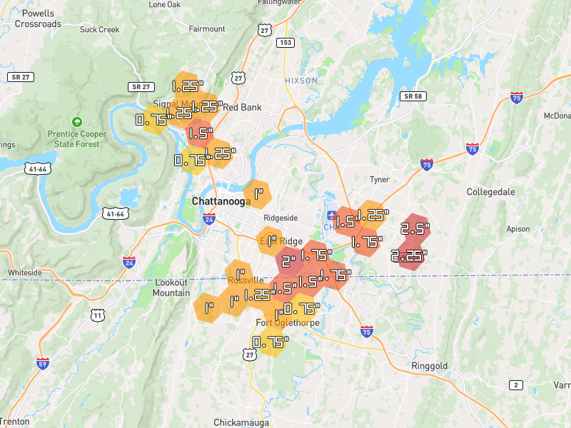 Hail map of Chattanooga, TN on Jul 3, 2026, hail up to 2.5"