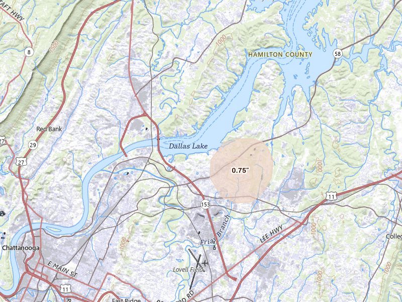 Radar-estimated hail-size map of the storm over Chattanooga, TN on Aug 5, 2026