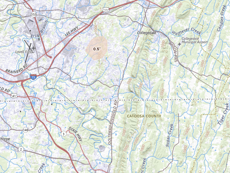 Radar-estimated hail-size map of the storm over Chattanooga, TN on Aug 6, 2026