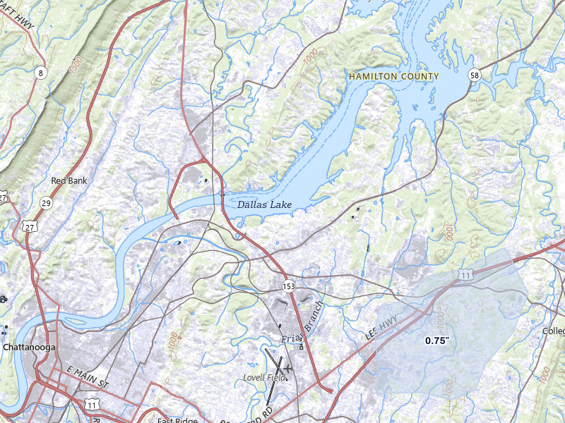 NEXRAD radar-signature map of the hail storm over Chattanooga, TN on Aug 6, 2026