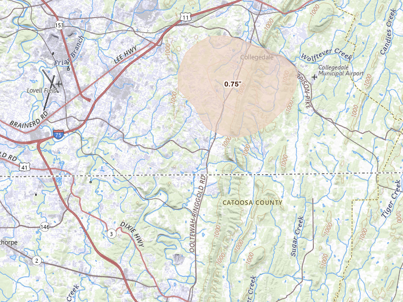 Radar-estimated hail-size map of the storm over Chattanooga, TN on Aug 17, 2026