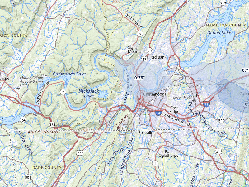 NEXRAD radar-signature map of the hail storm over Chattanooga, TN on Aug 17, 2026
