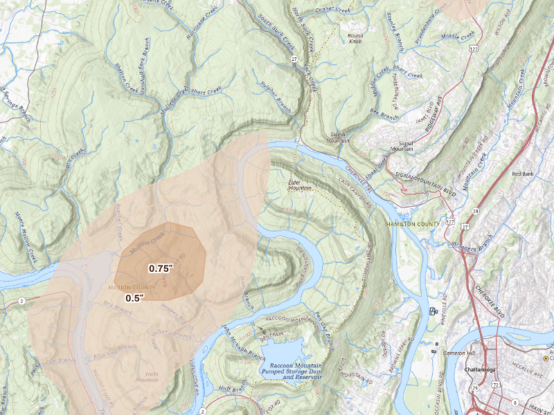 Radar-estimated hail-size map of the storm over Chattanooga, TN on Sep 21, 2026