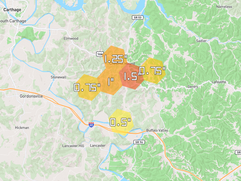 Hail map of Chestnut Mound, TN on Jul 11, 2026, hail up to 1.5"