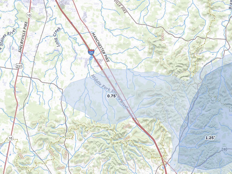 NEXRAD radar-signature map of the hail over Christiana, TN