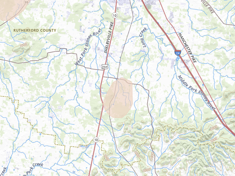 Radar-estimated hail-size map of the storm over Christiana, TN on Aug 7, 2026