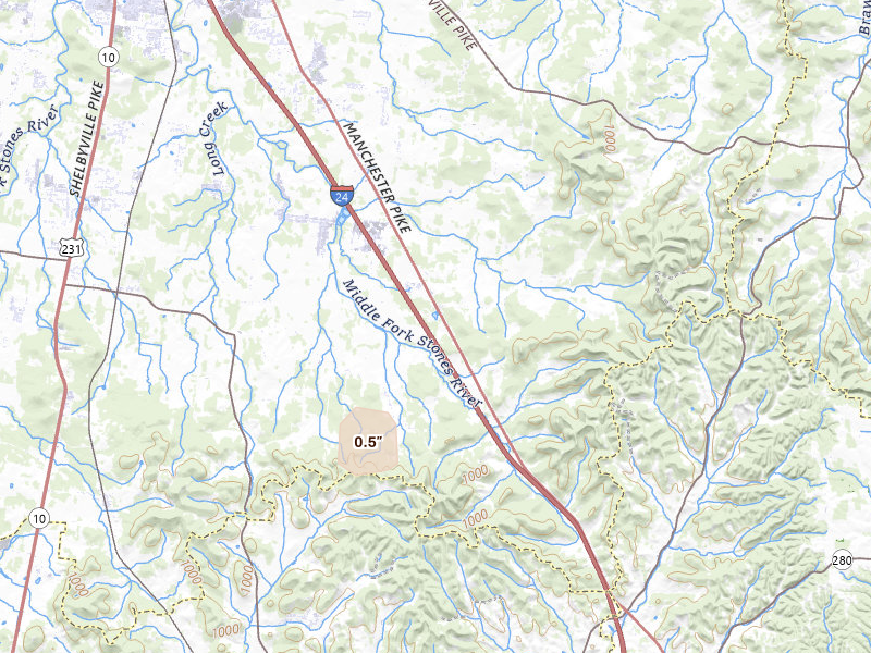 Radar-estimated hail-size map of the storm over Christiana, TN on Aug 13, 2026