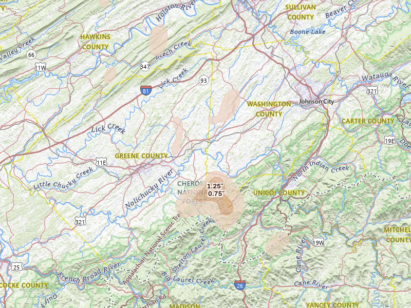 Radar-estimated hail-size map of the storm over Chuckey, TN on Jun 29, 2026
