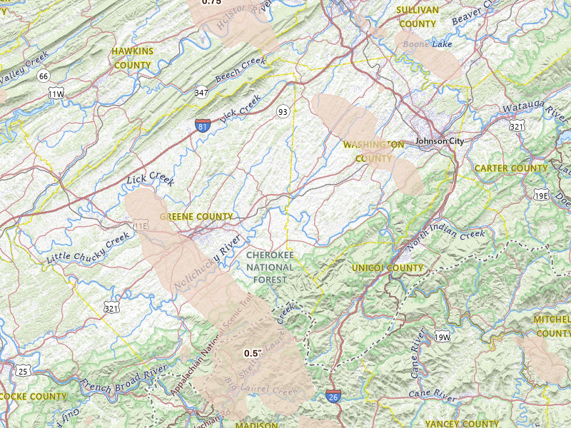 Radar-estimated hail-size map of the storm over Chuckey, TN on Jul 28, 2026