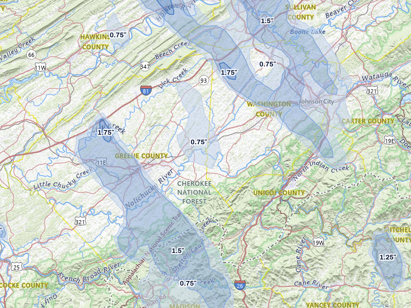 NEXRAD radar-signature map of the hail storm over Chuckey, TN on Jul 28, 2026
