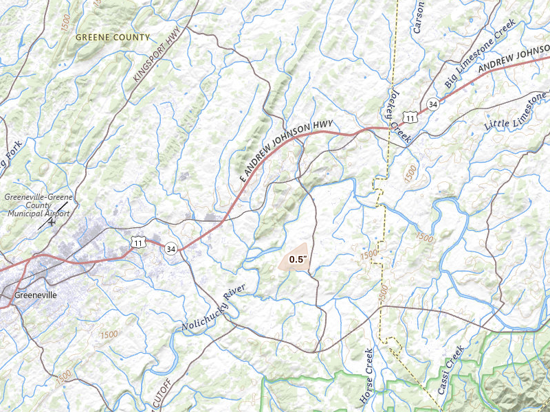 Radar-estimated hail-size map of the storm over Chuckey, TN on Aug 9, 2026