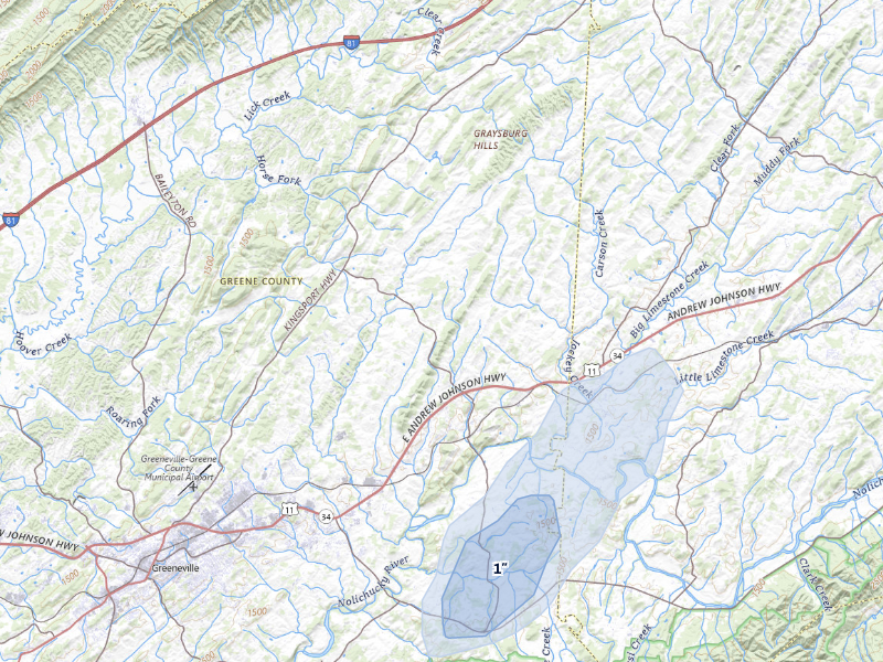 NEXRAD radar-signature map of the hail storm over Chuckey, TN on Aug 9, 2026