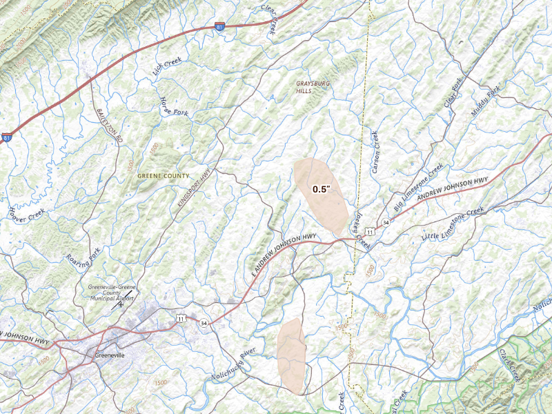 Radar-estimated hail-size map of the storm over Chuckey, TN
