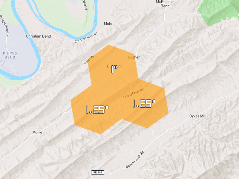 Hail map of Church Hill, TN on Jun 30, 2026, hail up to 1.25"