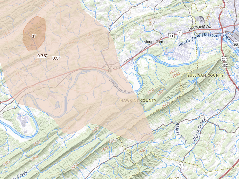 Radar-estimated hail-size map of the storm over Church Hill, TN on Jul 28, 2026