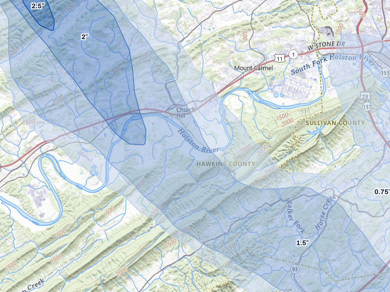 NEXRAD radar-signature map of the hail over Church Hill, TN