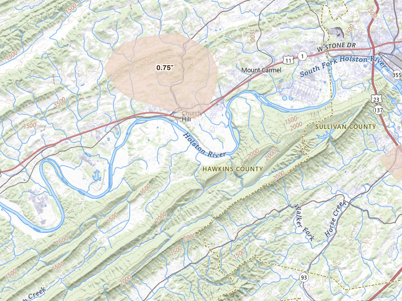 Radar-estimated hail-size map of the storm over Church Hill, TN on Aug 11, 2026