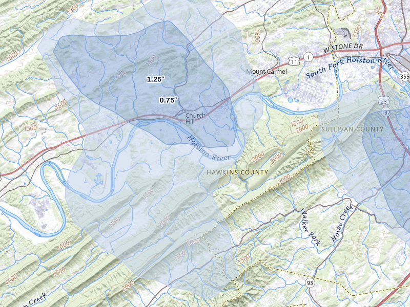 NEXRAD radar-signature map of the hail storm over Church Hill, TN on Aug 11, 2026