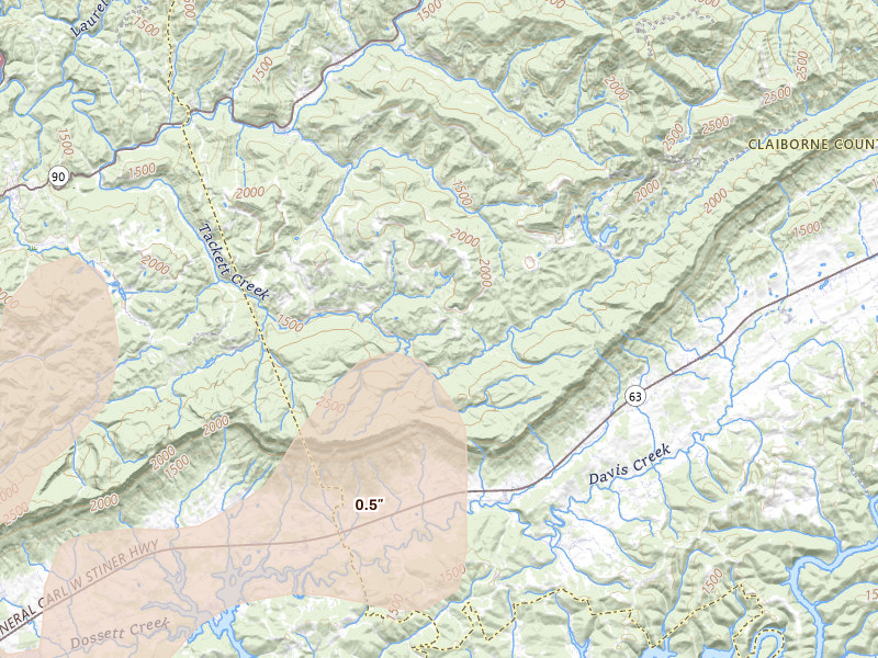 Radar-estimated hail-size map of the storm over Clairfield, TN on Jul 3, 2026