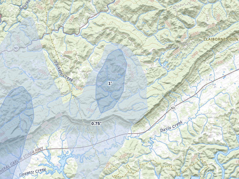 NEXRAD radar-signature map of the hail over Clairfield, TN