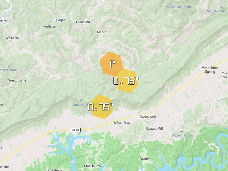 Hail map of Clairfield, TN on Jul 4, 2026, hail up to 1"