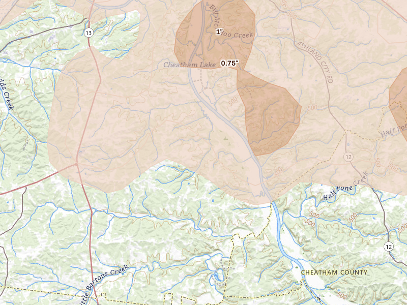 Radar-estimated hail-size map of the storm over Clarksville, TN on Jul 2, 2026