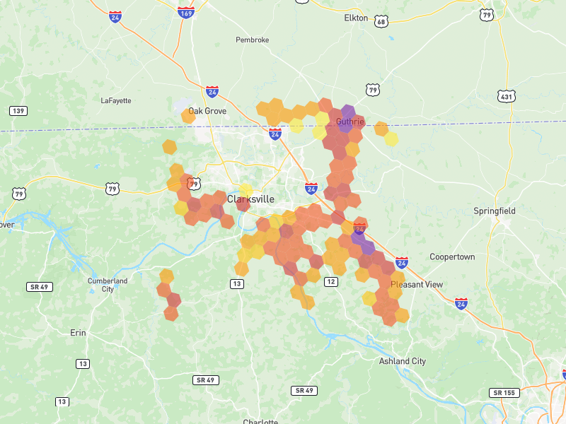 Hail map of Clarksville, TN on Jul 2, 2026, hail up to 3"
