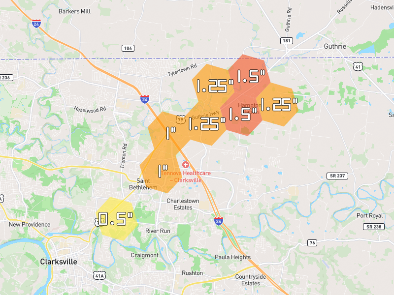 Hail map of Clarksville, TN on Jul 3, 2026, hail up to 1.5"