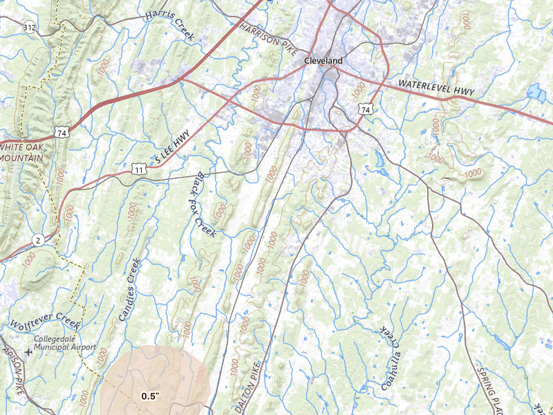 Radar-estimated hail-size map of the storm over Cleveland, TN on Jul 3, 2026