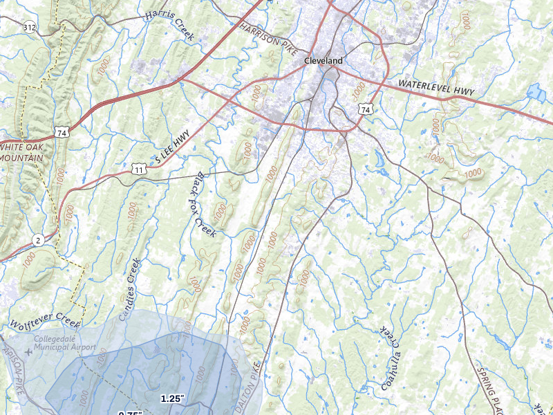 NEXRAD radar-signature map of the hail storm over Cleveland, TN on Jul 3, 2026
